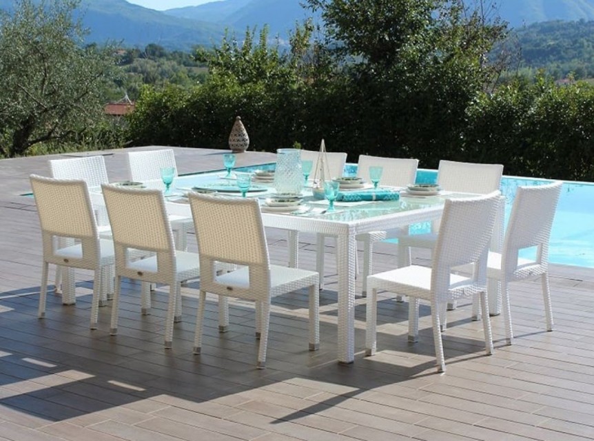 Tavolo da giardino di grandi dimensioni in rattan sintetico bianco