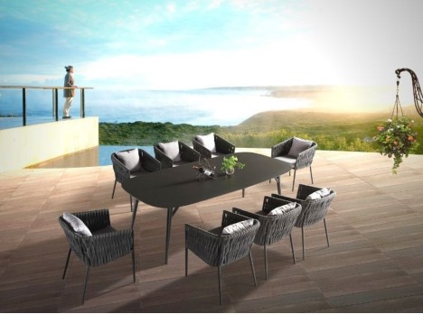 Tavolo da 8 per esterno di design in alluminio con poltrona in corda