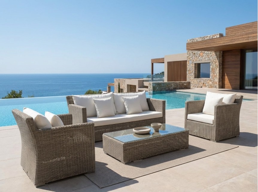 Salotto per esterni di design in fibra sintetica effetto naturale