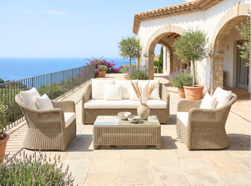 Salotto classico per esterno in midollino sintetico effetto naturale