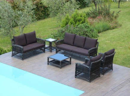 Salotto XXL per esterno in fibra sintetica e cuscini marrone
