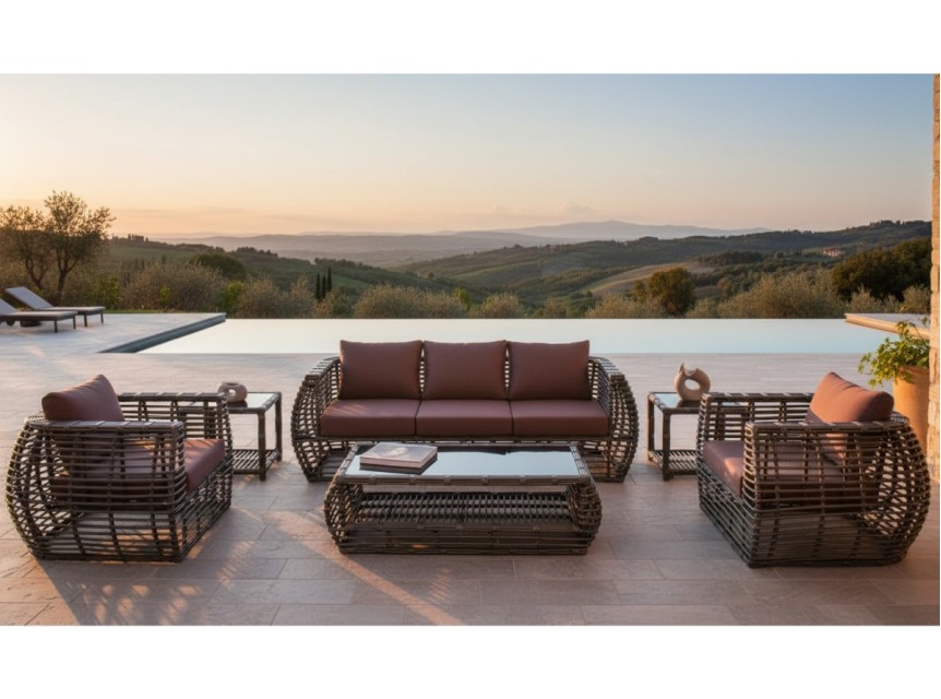 Divano da giardino Herbert con seduta ampia e cuscini imbottiti, progettato per offrire comfort e relax all’aperto.