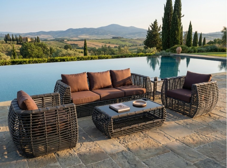 Salotto di design in fibra tonda massiccia di colore scuro