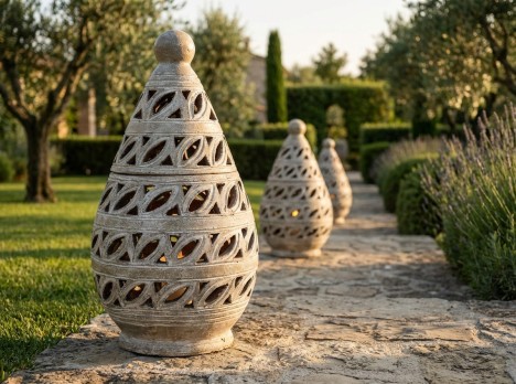 Lanterna in terracotta per esterno intagliata a mano