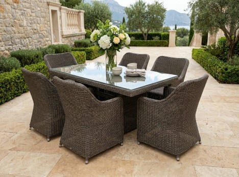 Tavolo sei posti da esterno in midollino sintetico grigio