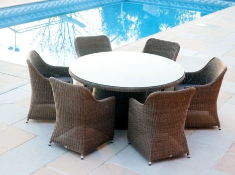 Tavolo tondo per esterno in fibra sintetica con poltrone