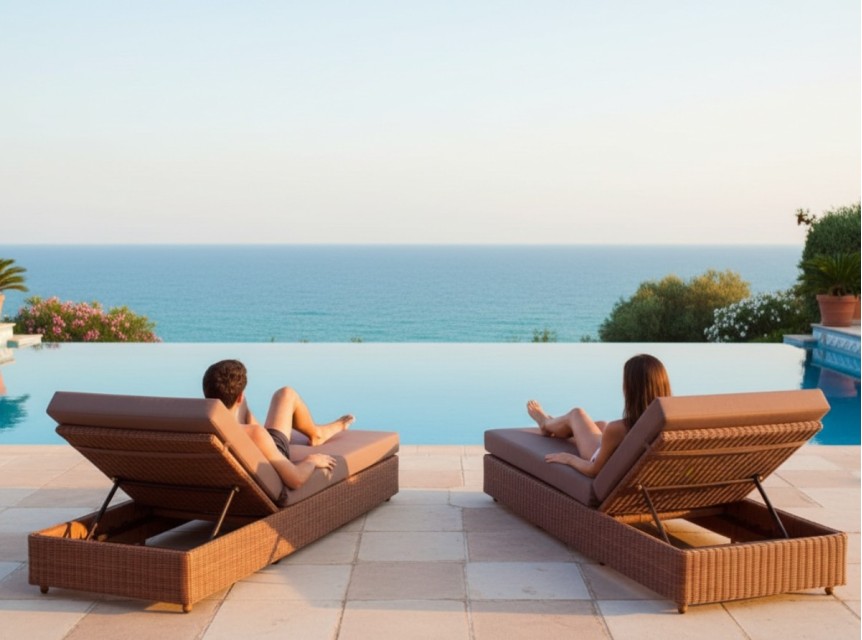 Lettini da piscina di design in midollino sintetico marrone