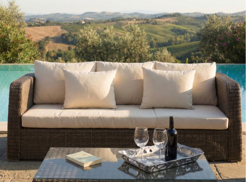 Ampio divano tre posti con cuscini crema