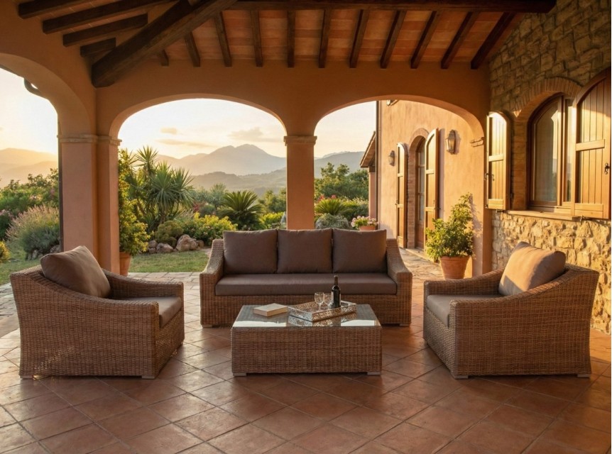 Salotto da esterno con sedute ampie e intreccio in rattan