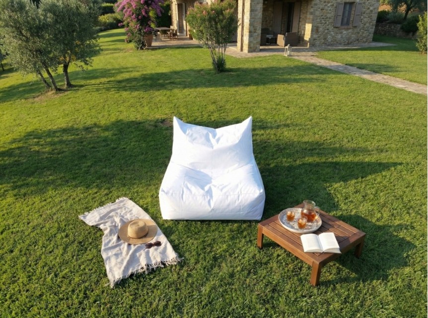 Poltrona da giardino imbottita con rivestimento in tessuto bianco