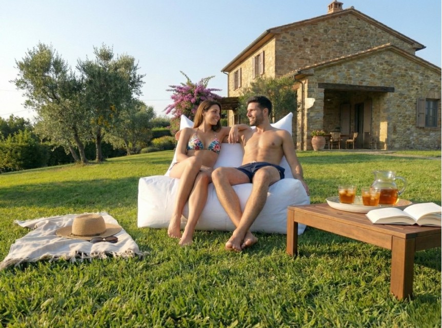 Poltrona due posti da giardino in tessuto tecnico bianco