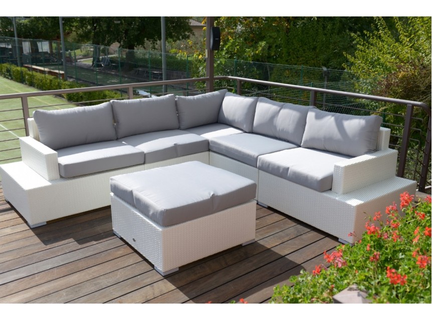Salotto ad angolo da giardino in rattan bianco