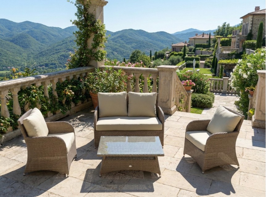 Salottino da giardino compatto con sedute ampie in rattan