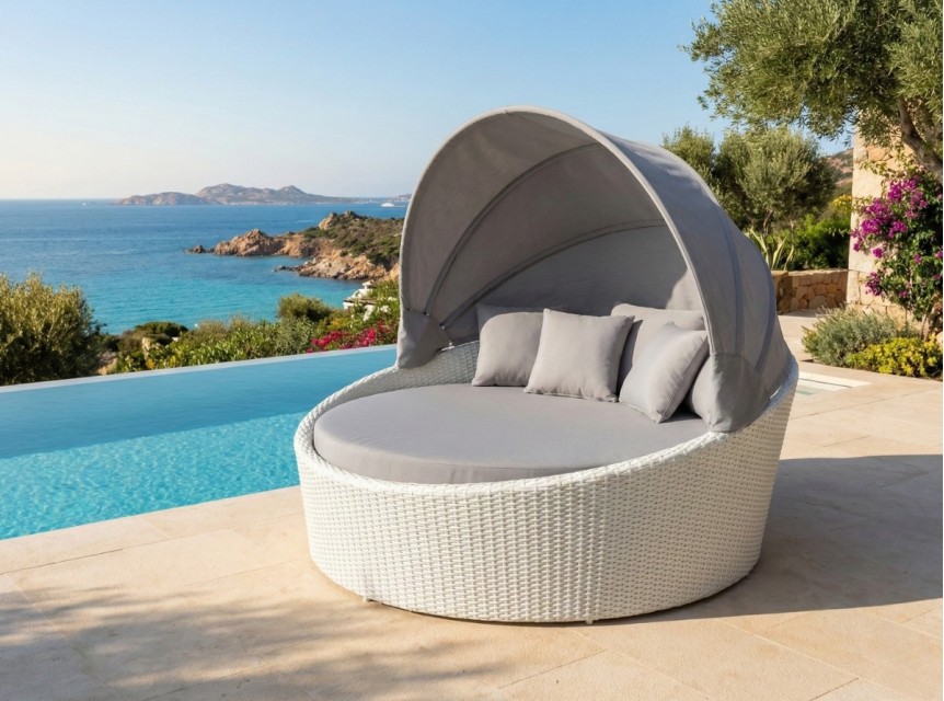 Divano isola con parasole richiudibile in rattan bianco