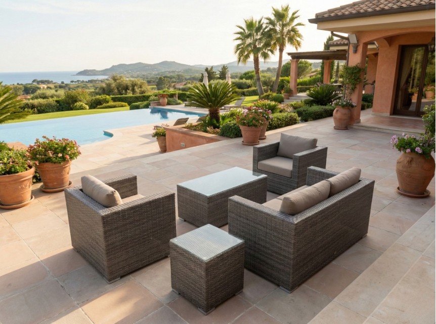 Salotto da esterno in rattan sintetico grigio