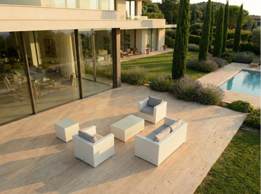 Salottino da esterno con poltrone ampie e cuscini sfoderabili