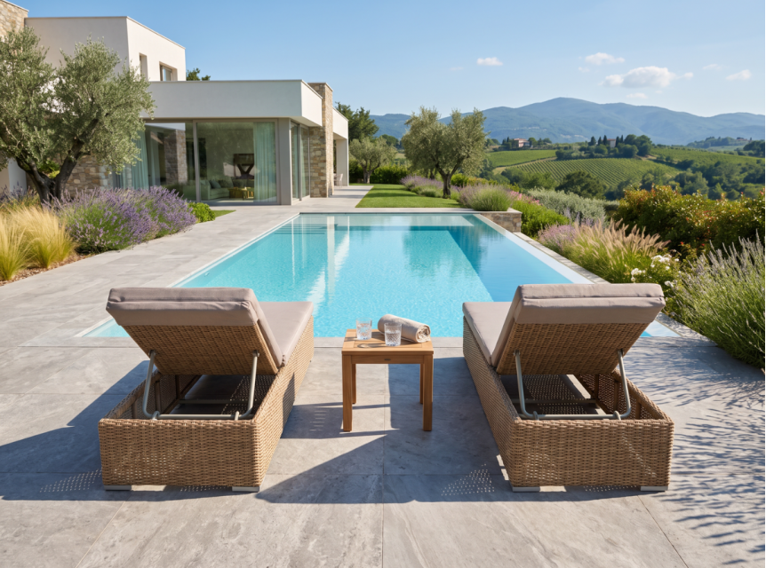 Lettino da piscina in rattan sintetico colore naturale