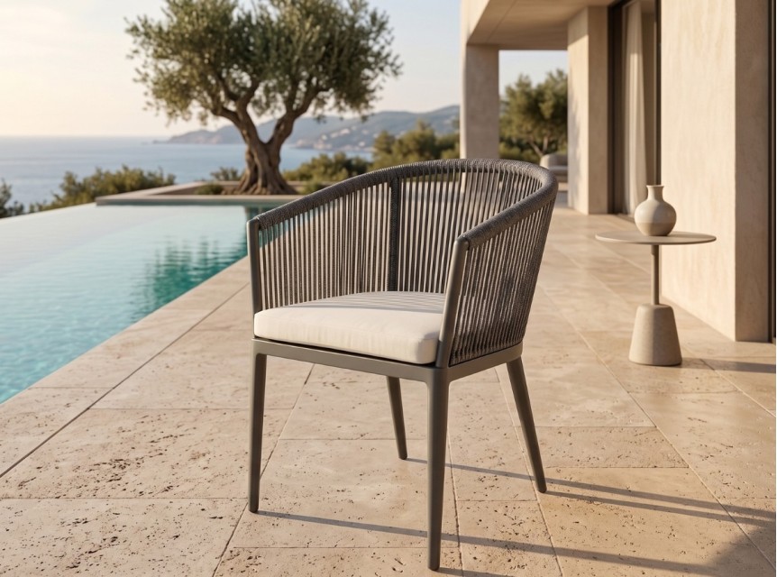 Poltroncina da esterno in alluminio e corda di tessuto